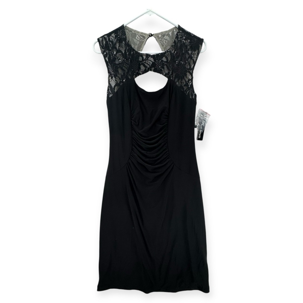 R&M Richards Womens 10 Black Lace Sleeveless Ruched Keyhole Party Dress 8517 NWT